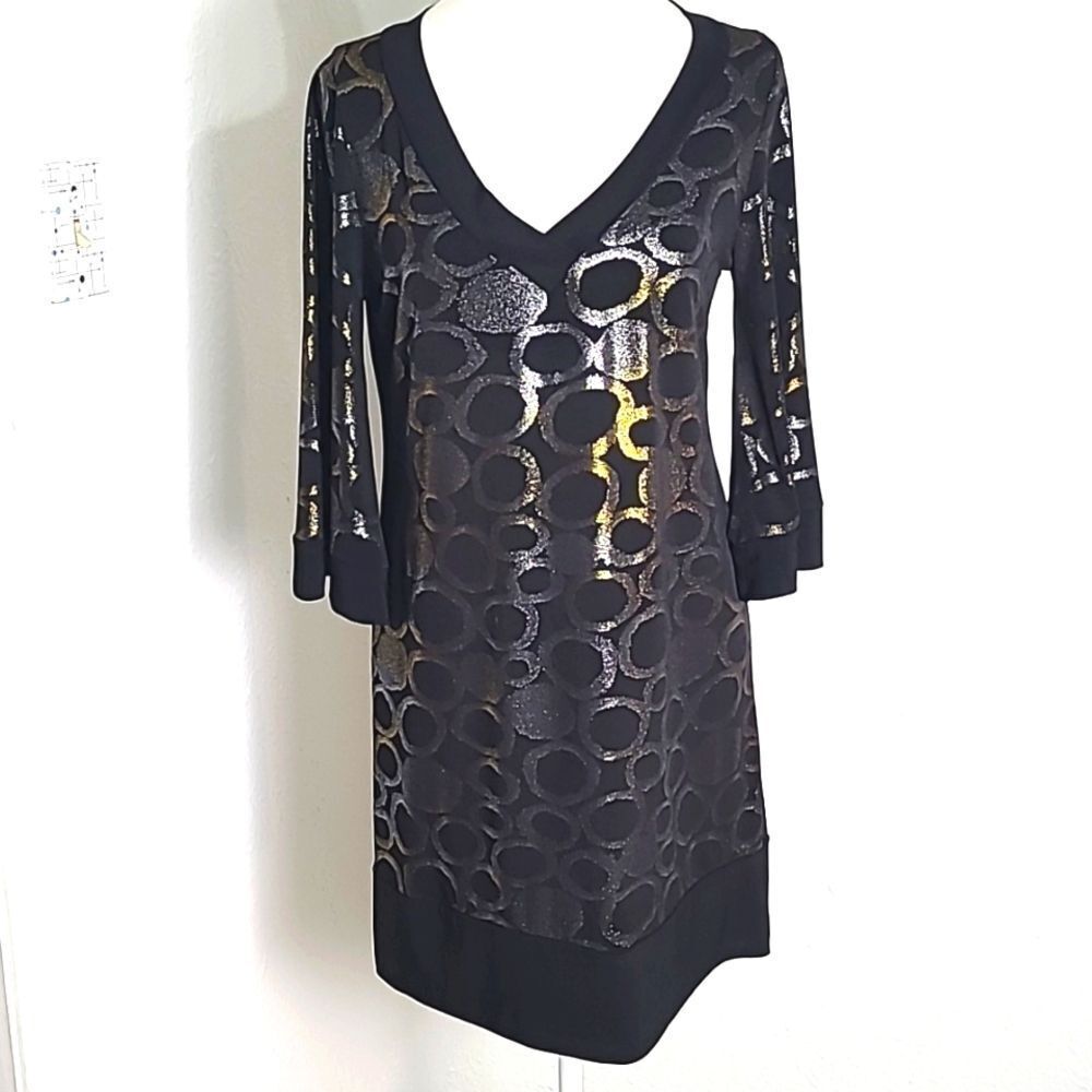 Clara Sun Woo Black Mini-Dress with Silver & Gold Metallic Circles, Size Small